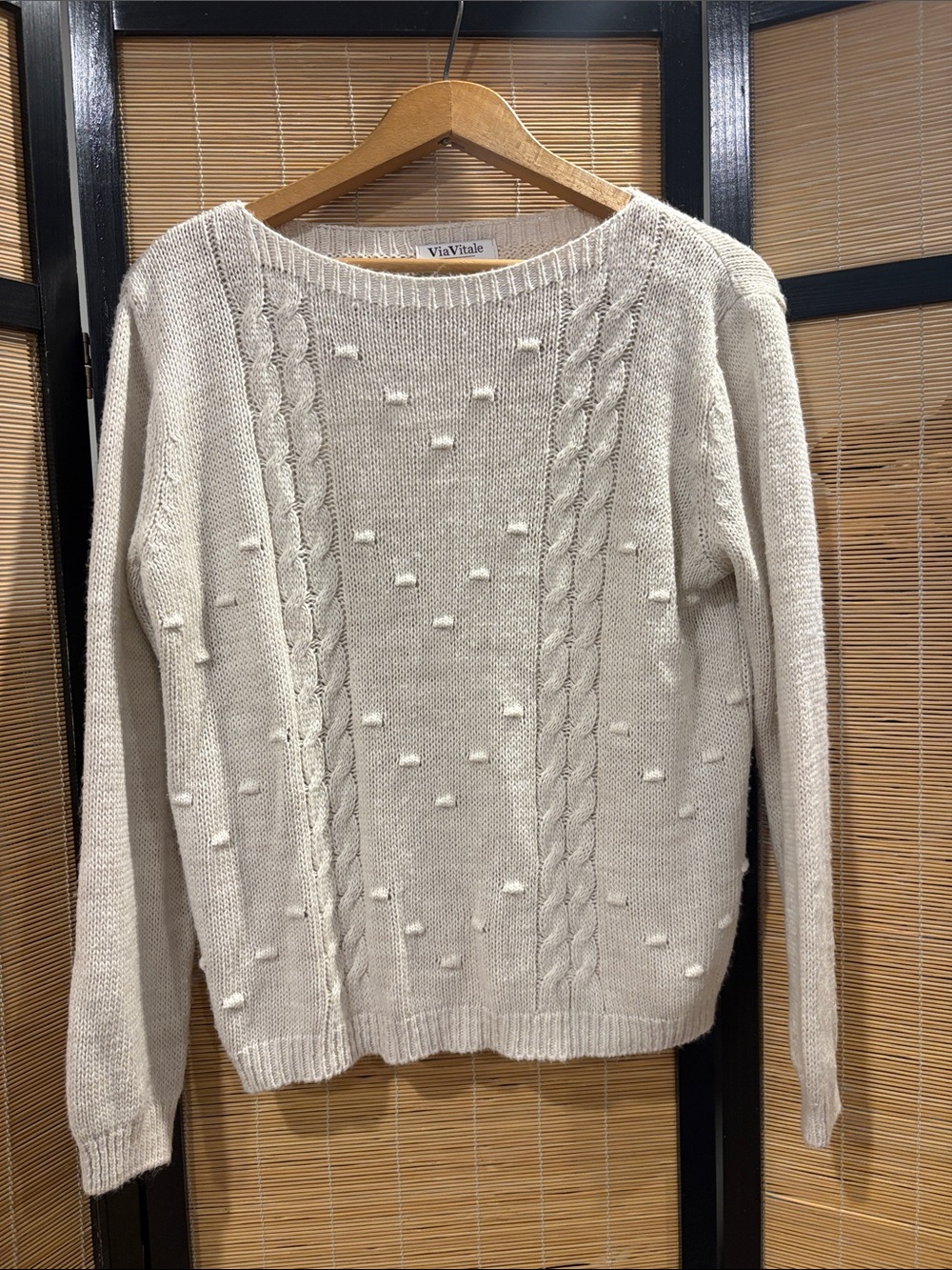 Soft Cream Cable & Bobble Knit Scoop-Neck Sweater
